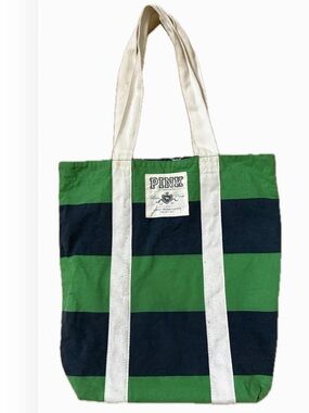 PINK Victoria's Secret Green & Navy Striped Canvas Tote with White Handles